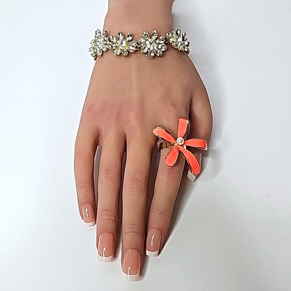 Large Flowered Custom Peach Ring W/Center Pearl & Gold Adj. Band OS - Picture 6 of 10